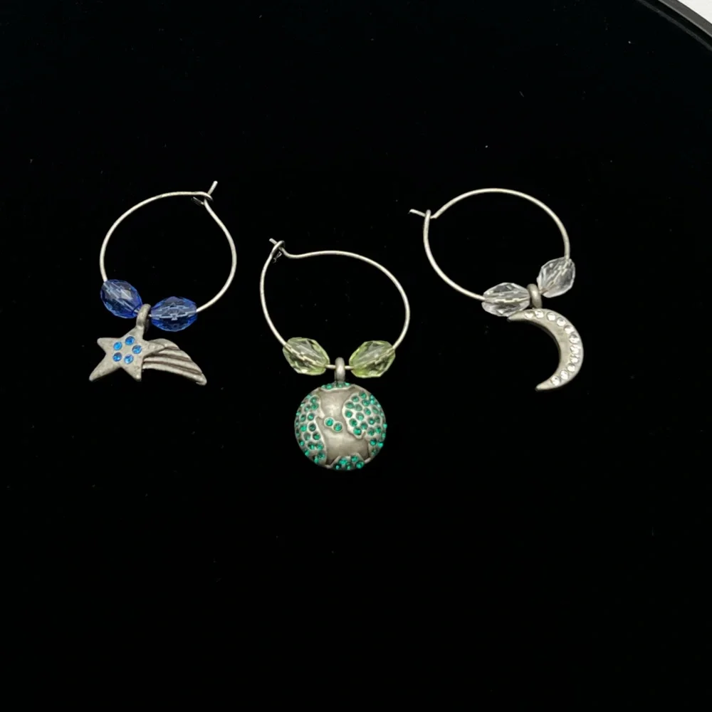 Space Wineglass Charms Set Earth Moon and Shooting Star